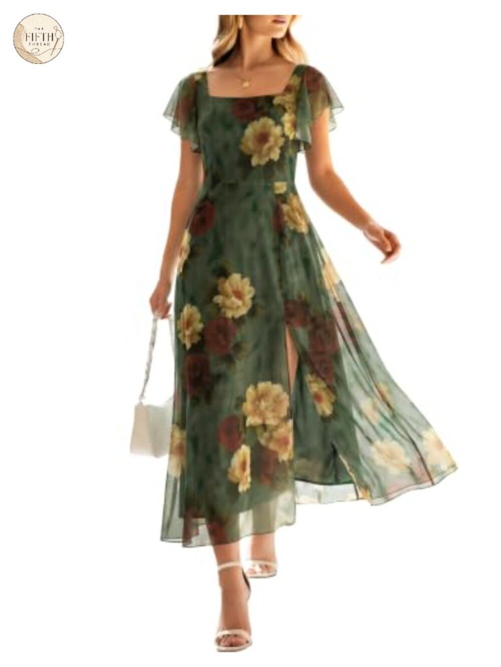 Floral Tulle Midi Dress Square Neck Ruffle Sleeve Side Slit Formal